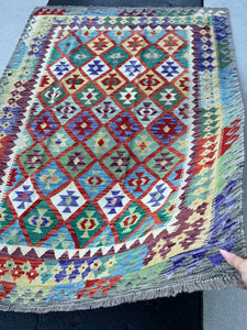 5x7 Handmade Afghan Kilim Rug Pastel Colorful Teal Indigo Rust Orange Pine Moss Green Wine Red Royal Blue Brick Red Light Grey White Tan