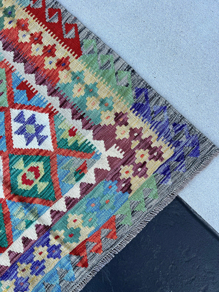 5x7 Handmade Afghan Kilim Rug Pastel Colorful Teal Indigo Rust Orange Pine Moss Green Wine Red Royal Blue Brick Red Light Grey White Tan