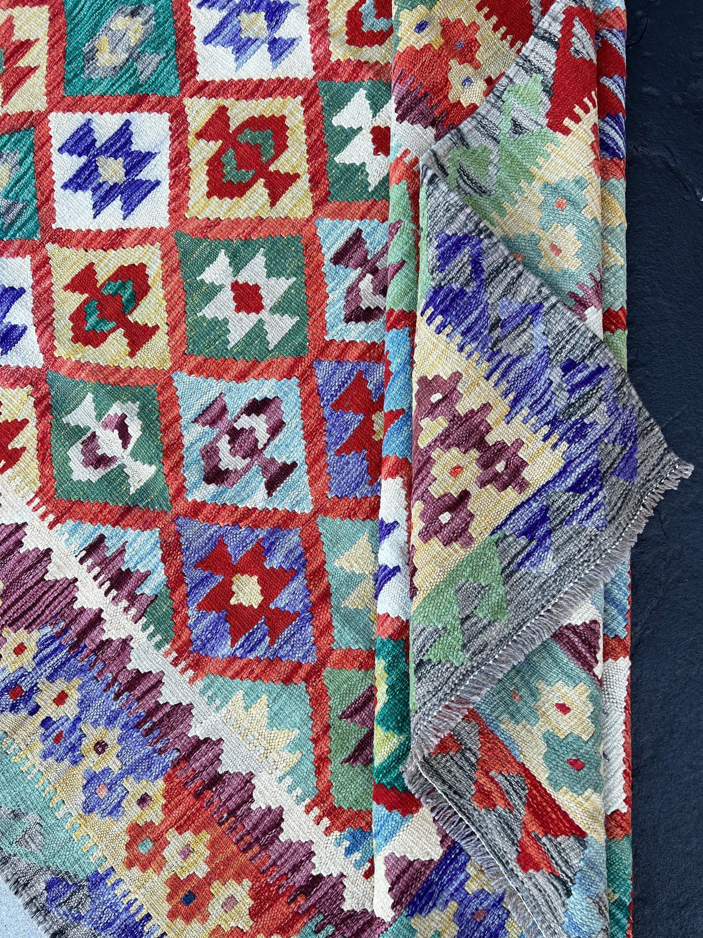 5x7 Handmade Afghan Kilim Rug Pastel Colorful Teal Indigo Rust Orange Pine Moss Green Wine Red Royal Blue Brick Red Light Grey White Tan