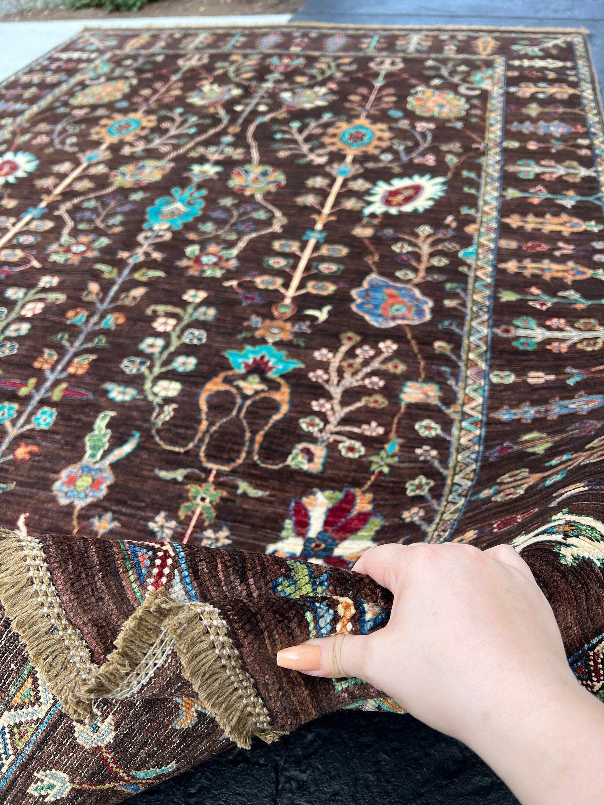 6x8 (180x245) Fair Trade Handmade Afghan Rug | Coffee Brown Denim Blue Turquoise Cherry Red Cream Beige Ivory Light Grey Olive Green Orange