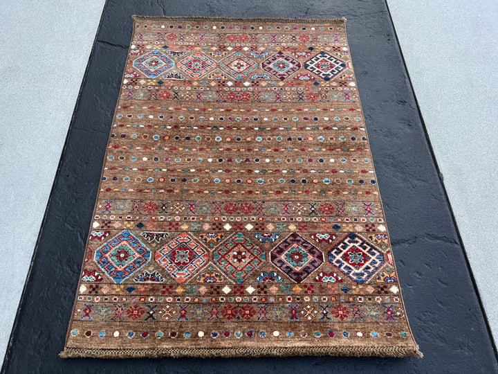 3x4 Handmade Afghan Rug | Chocolate Brown Denim Blue Turquoise Teal Salmon Pink Cream Ivory Orange Maroon | Hand Knotted Wool Fair Trade