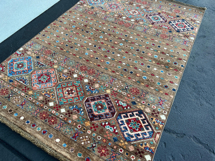 3x4 Handmade Afghan Rug | Chocolate Brown Denim Blue Turquoise Teal Salmon Pink Cream Ivory Orange Maroon | Hand Knotted Wool Fair Trade