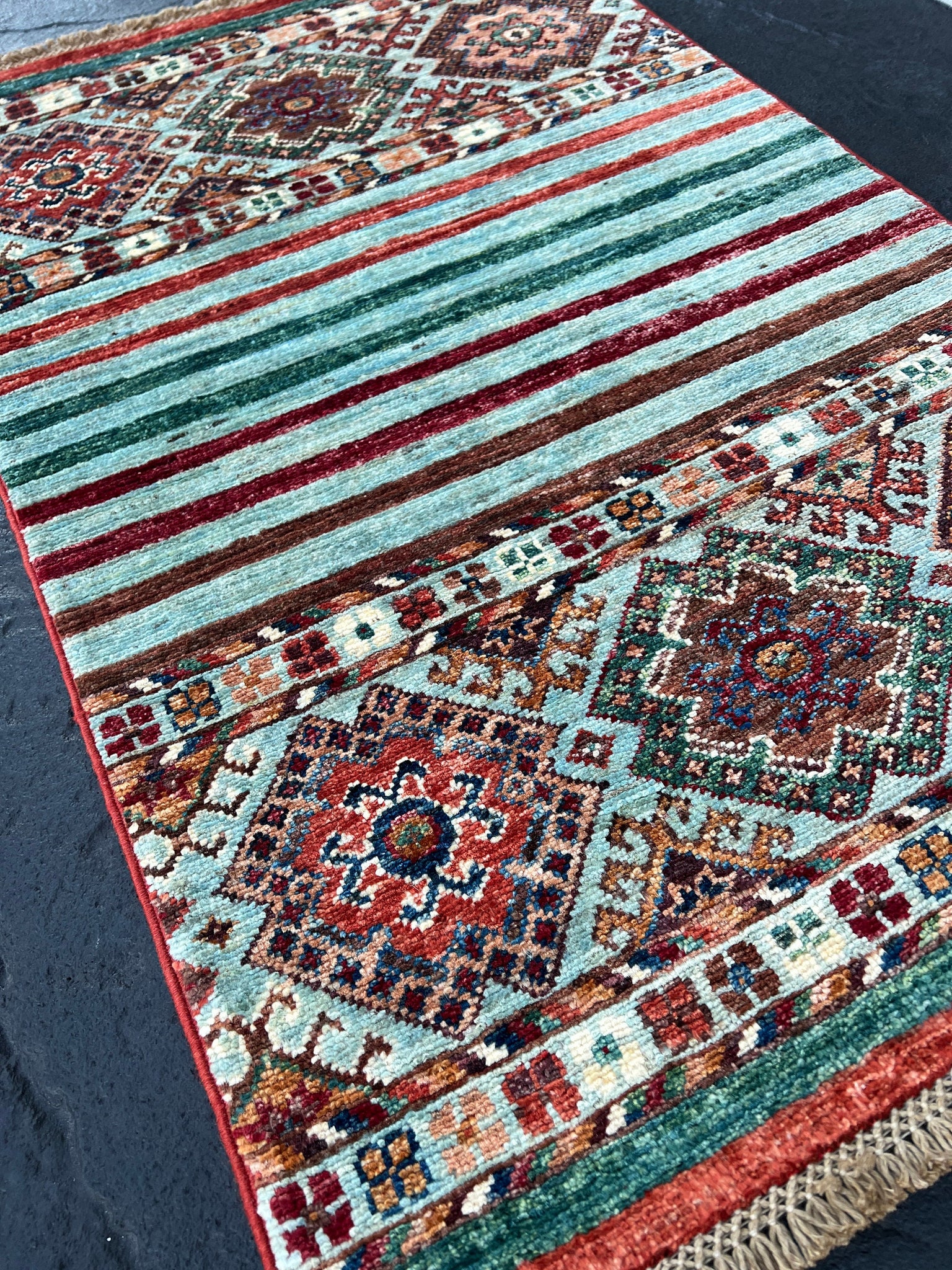 2x3 Handmade Afghan Rug | Turquoise Chocolate Brown Crimson Red Salmon Pink Caramel Blue Teal Forest Green | Hand Knotted Fair Trade Turkish