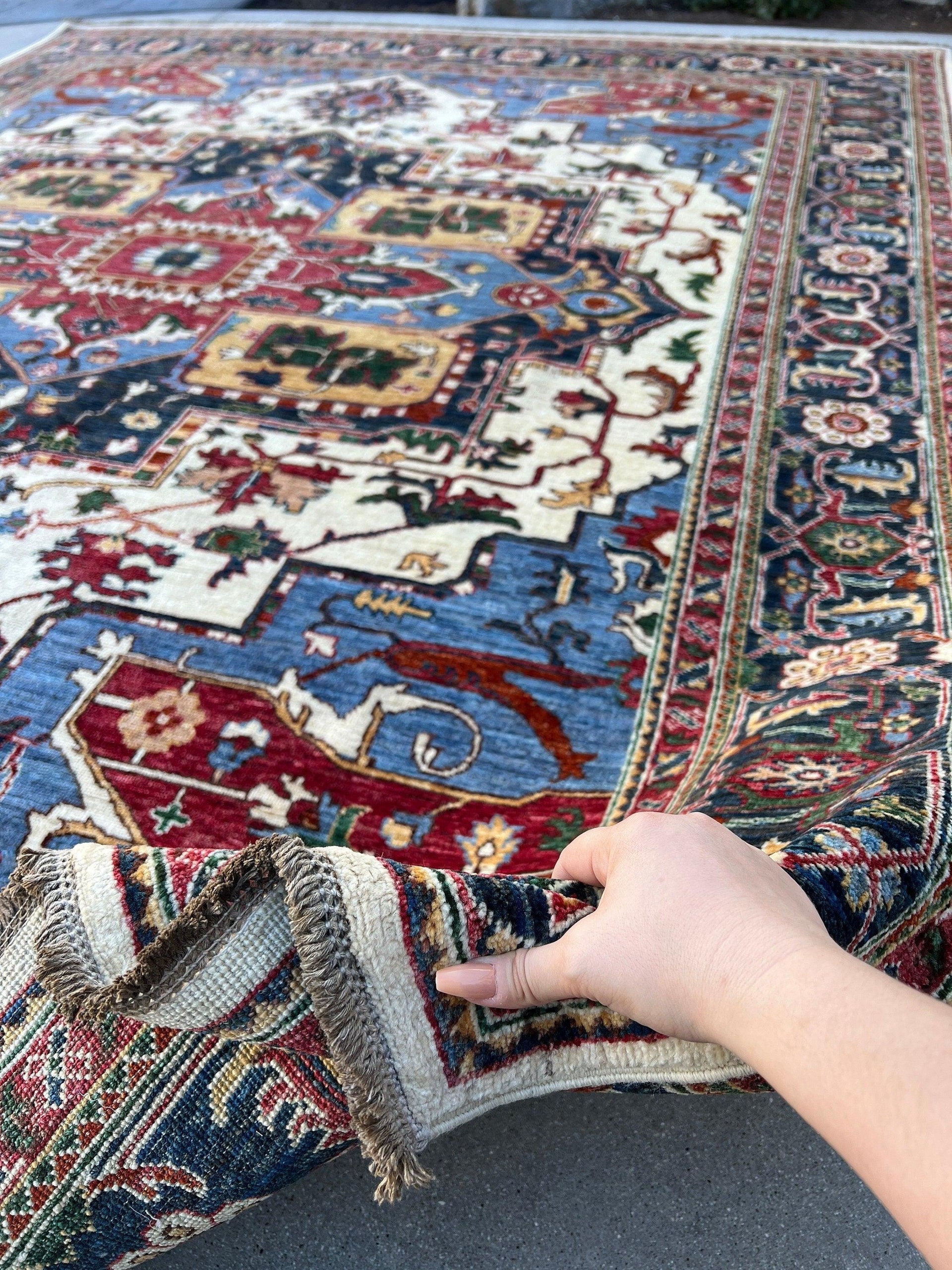 8x10 Fair Trade Handmade Afghan Rug Ivory Cream Brick Red Navy Midnight Blue Caramel Beige Gold Teal Chocolate Moss Green Hand Knotted Wool