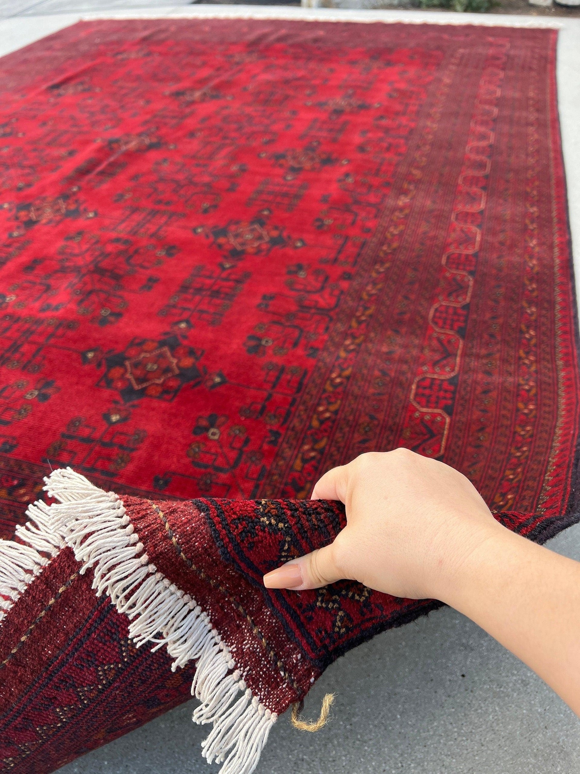 8x12 (270x365) Handmade Afghan Rug | Brick Cherry Red Midnight Blue Orange Chocolate Ivory | Pastel Hand Knotted Turkish Persian