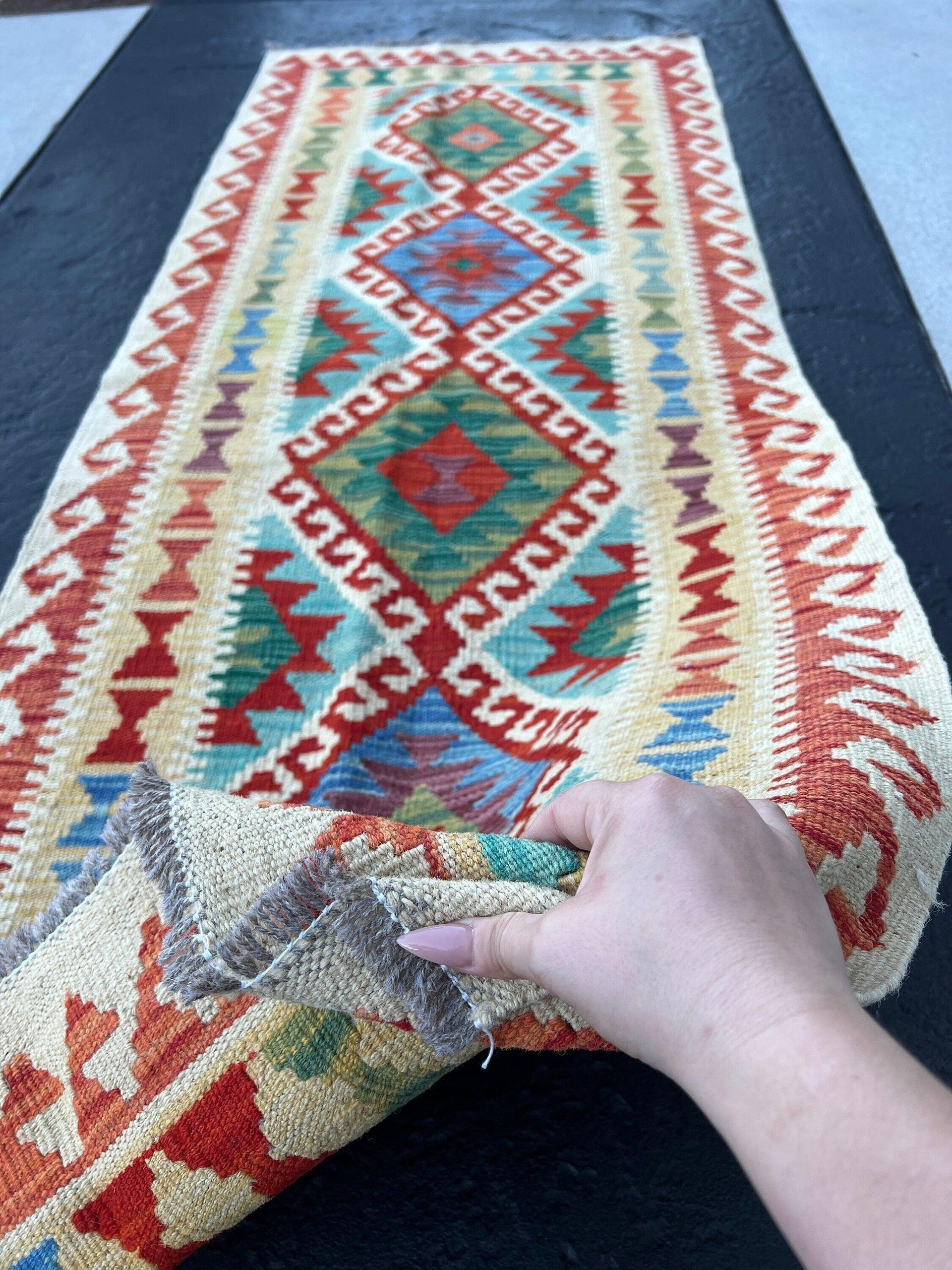 3x7 Handmade Afghan Kilim Flatweave Runner Rug Pastel Cream Beige Brick Red Purple Denim Blue Moss Olive Green Burnt Orange Sky Blue | Wool