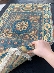 3x5 Fair Trade Handmade Afghan Rug | Denim Blue Cream Saffron Beige Teal Grey Orange Cornsilk | Hand Knotted Oriental Wool Oushak Bohemian