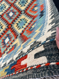 3x5 (120x150) Handmade Afghan Kilim Rug | Grey Black Sky Blue Cream Beige Denim Blue Ivory Charcoal Grey Burnt Orange Geometric Hand knotted