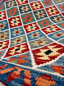 3x5 (150x120) Handmade Afghan Kilim Rug | Denim Blue Burnt Orange Brick Red Olive Green Teal Black Sky Blue | Geometric Flatweave Wool