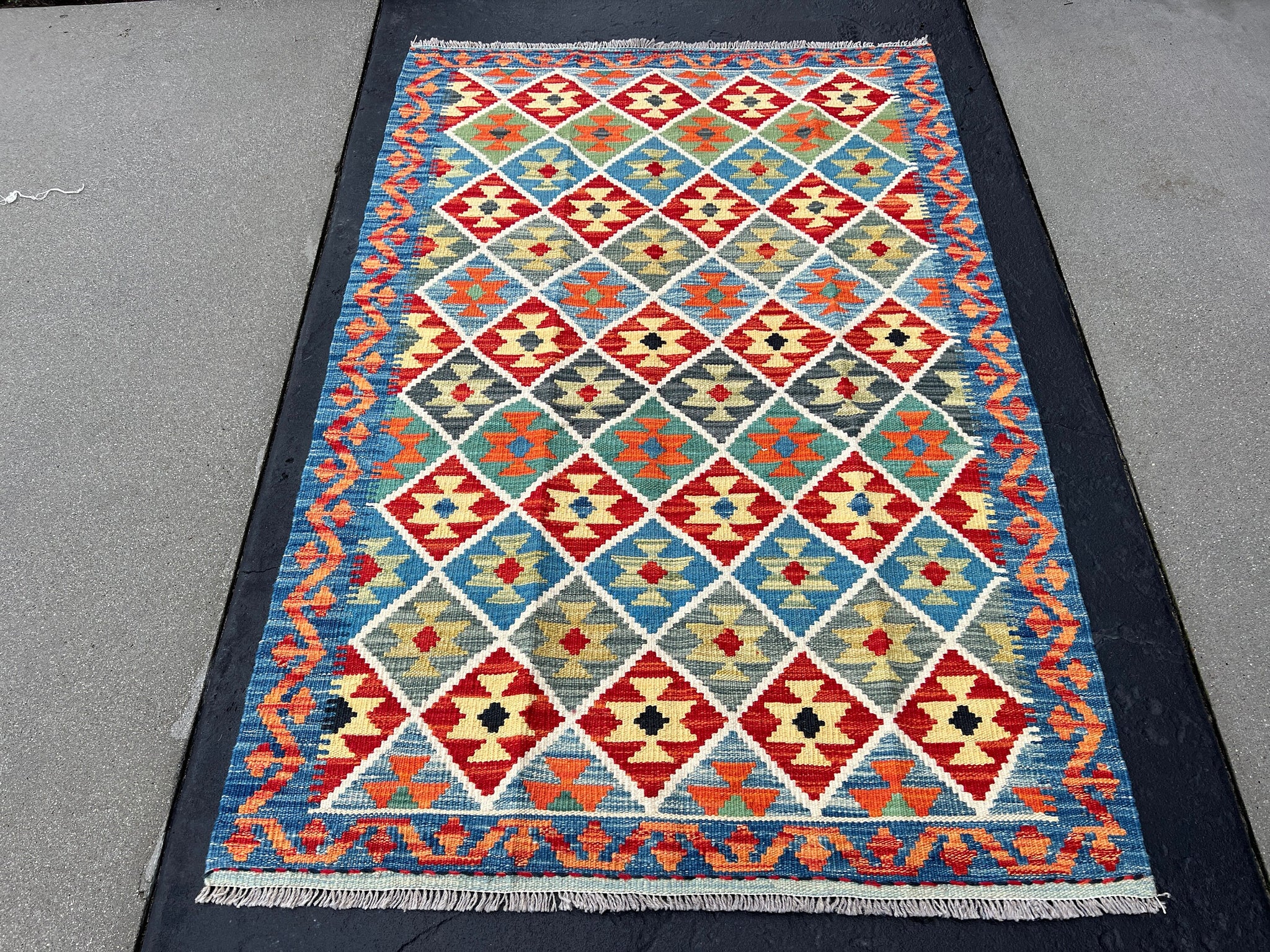 3x5 (150x120) Handmade Afghan Kilim Rug | Denim Blue Burnt Orange Brick Red Olive Green Teal Black Sky Blue | Geometric Flatweave Wool