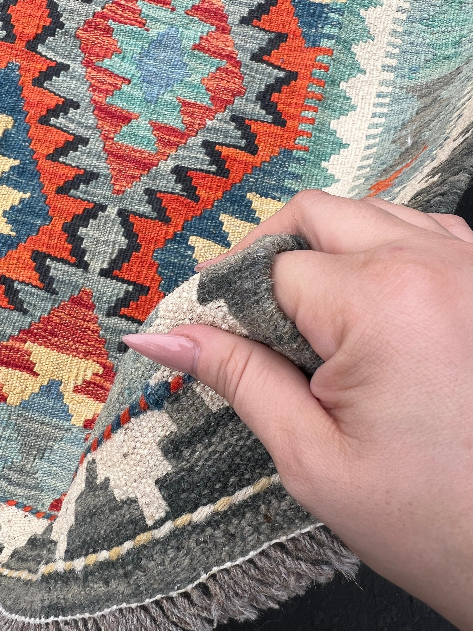 3x6 (90x180) Handmade Afghan Kilim Rug | Teal Orange Denim Baby Sky Blue Cornsilk Yellow Cream Beige Black | Geometric Wool Flatweave Wool
