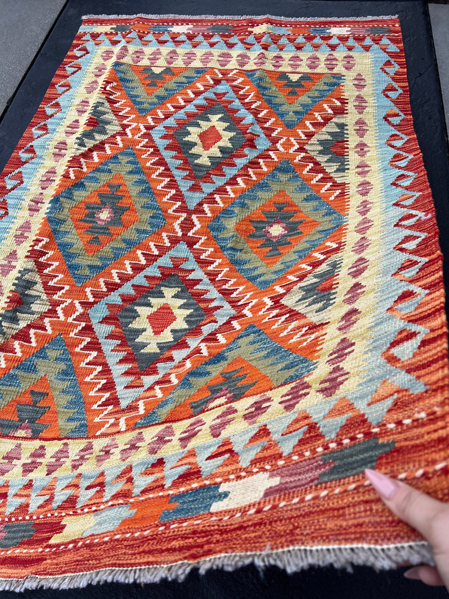 4x6 (120x185) Handmade Afghan Kilim Rug | Orange Mustard Olive Green Blood Red Denim Blue Sky Blue Ivory | Geometric Wool Flatweave Wool