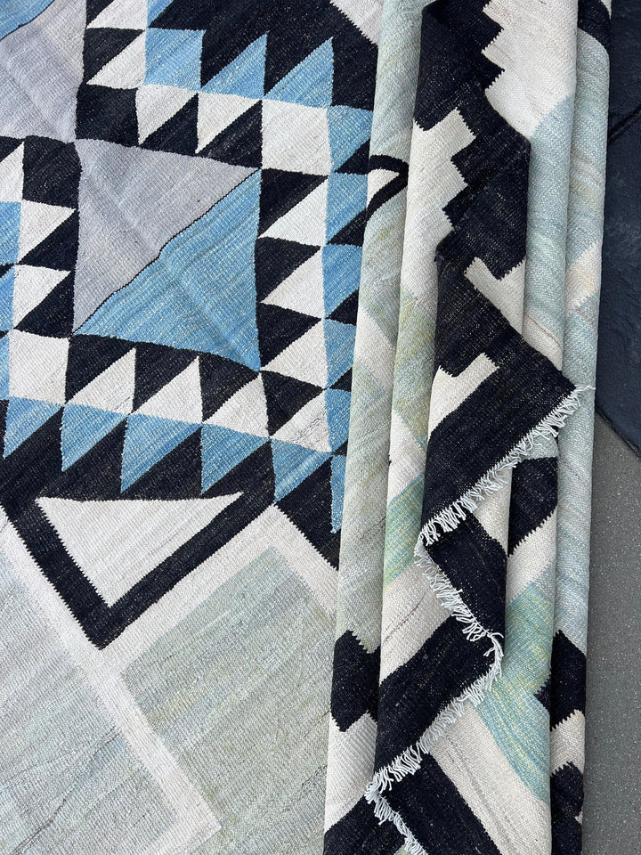 10x14 (305x425) Handmade Afghan Kilim Rug | Mint Green Black Ivory Denim Blue Olive Green Grey Teal | Hand Knotted Oriental Turkish Wool