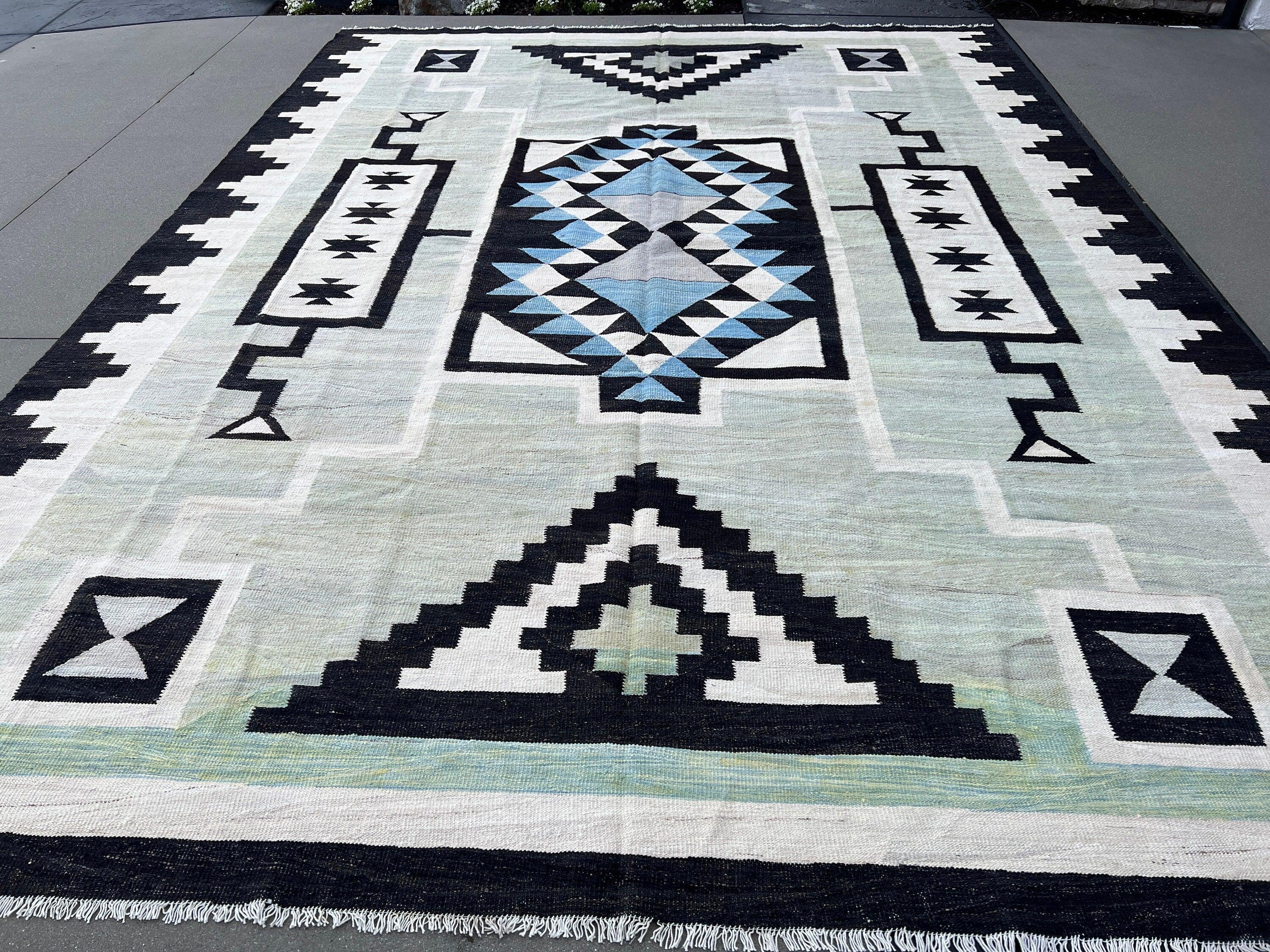 10x14 (305x425) Handmade Afghan Kilim Rug | Mint Green Black Ivory Denim Blue Olive Green Grey Teal | Hand Knotted Oriental Turkish Wool