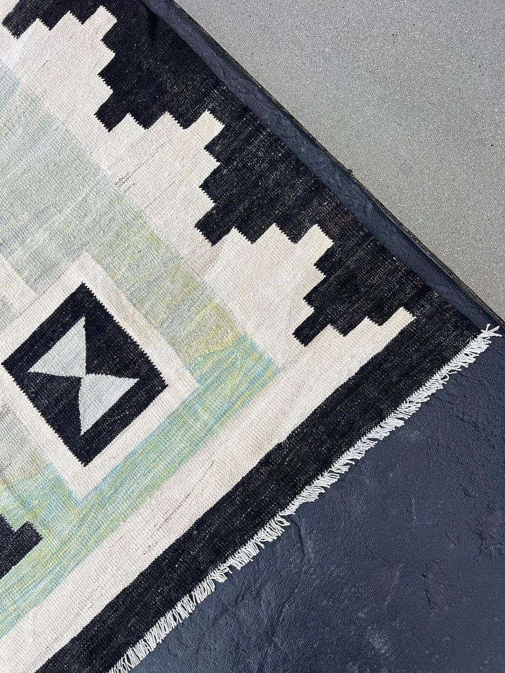 10x14 (305x425) Handmade Afghan Kilim Rug | Mint Green Black Ivory Denim Blue Olive Green Grey Teal | Hand Knotted Oriental Turkish Wool