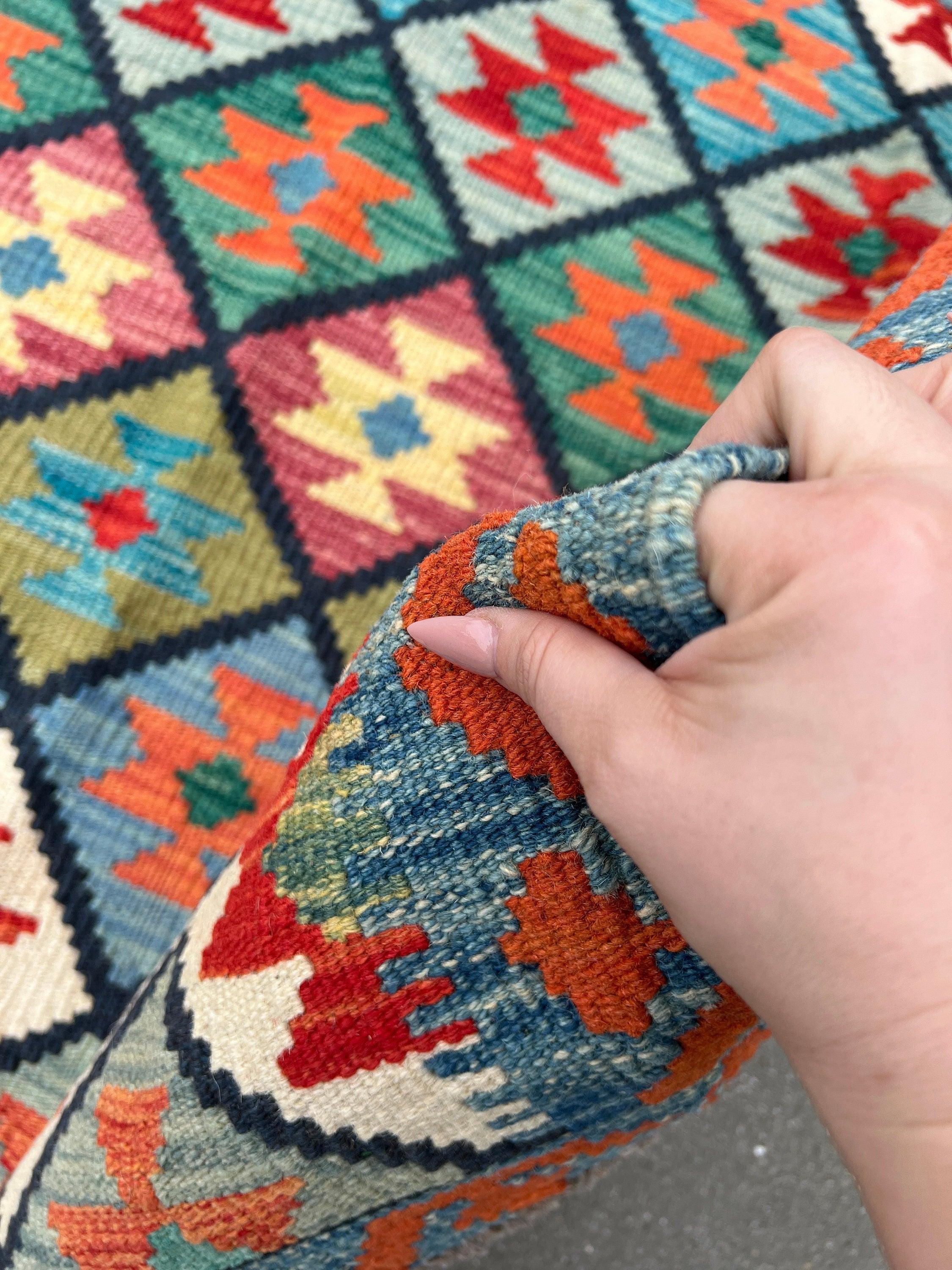 4x6 (120x185) Handmade Afghan Kilim Rug | Teal Burnt Orange Pink Moss Green Cream Mustard Yellow Blood Orange Forest Green | Geometric