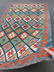 4x6 (120x185) Handmade Afghan Kilim Rug | Teal Burnt Orange Pink Moss Green Cream Mustard Yellow Blood Orange Forest Green | Geometric