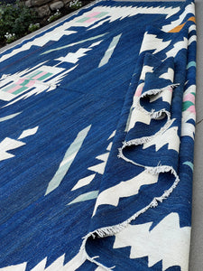 10x12 (305x365) Handmade Afghan Kilim Rug | Midnight Blue Cream Ivory Salmon Pink Turquoise Teal Prussian Blue Mustard | Geometric Wool