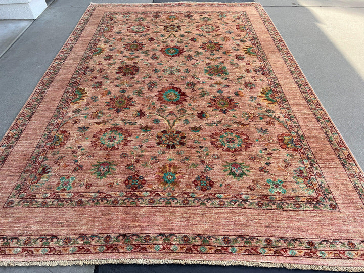 7x10 (215x305) Fair Trade Handmade Afghan Rug | Blush Pink Mauve Turquoise Teal Chocolate Crimson Red Chocolate Cream Hand Knotted Wool