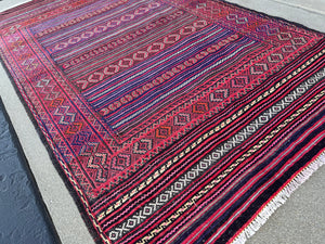 4x6 (120x185) Handmade Afghan Kilim Rug | Brick Red Black Cream Beige Fuchsia Midnight Blue Geometric Hand Knotted Wool Persian Turkish