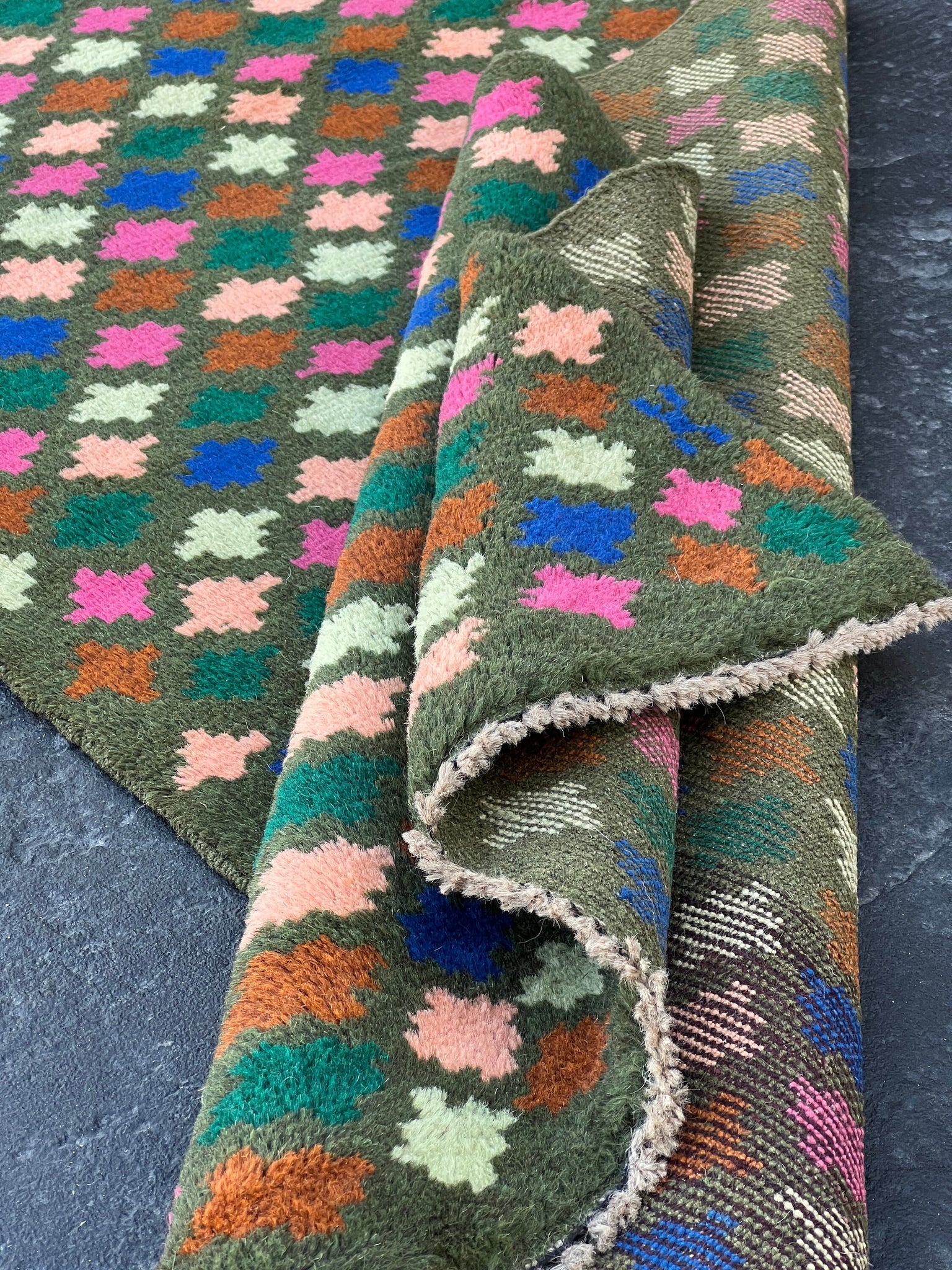 3x10 (90x305) Handmade Vintage Baluch Afghan Runner Rug | Olive Green Rose Pink Chocolate Brown Blush Pink Turquoise Blue Teal Hand Knotted