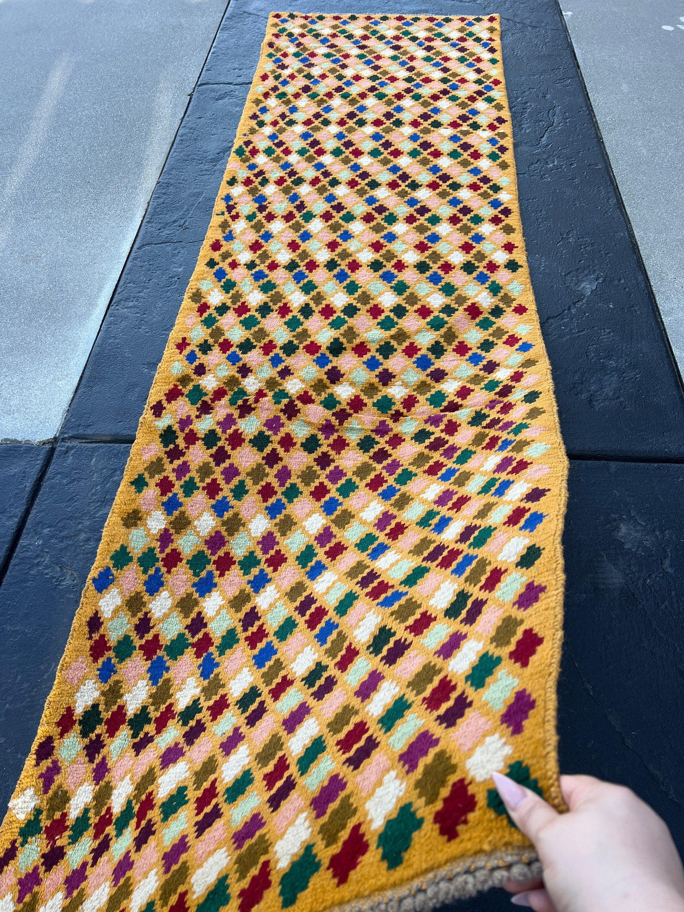 3x10 (90x305) Handmade Vintage Baluch Afghan Runner Rug Mustard Yellow Moss Green Ivory Turquoise Blush Pink Blue Forest Green Purple Maroon