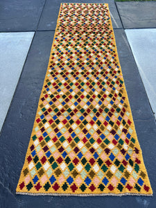 3x10 (90x305) Handmade Vintage Baluch Afghan Runner Rug Mustard Yellow Moss Green Ivory Turquoise Blush Pink Blue Forest Green Purple Maroon