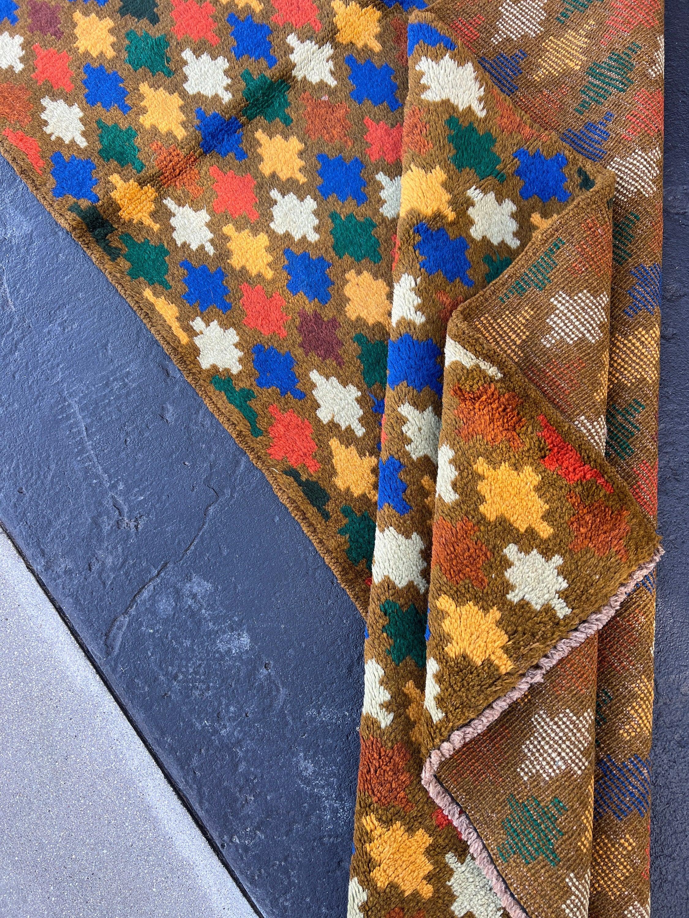 3x9 (90x275) Handmade Vintage Baluch Afghan Runner Rug Hazel Olive Brown Gold Ivory Blue Mustard Forest Green Chocolate Purple Burnt Orange