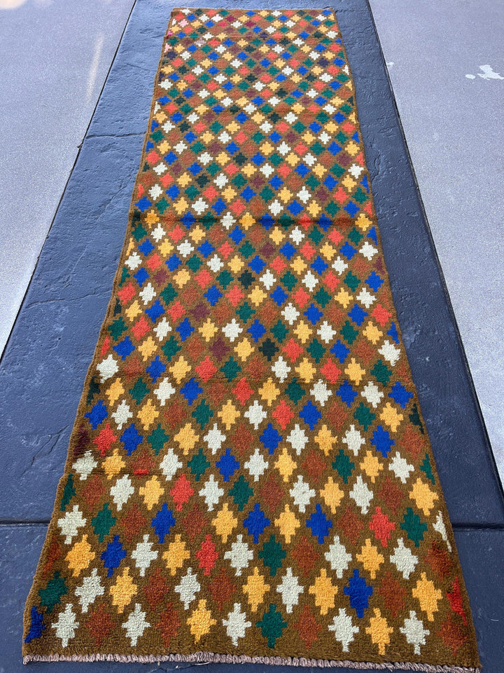 3x9 (90x275) Handmade Vintage Baluch Afghan Runner Rug Hazel Olive Brown Gold Ivory Blue Mustard Forest Green Chocolate Purple Burnt Orange