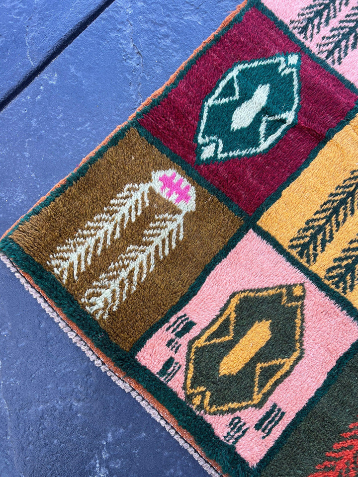 3x10 (90x305) Handmade Vintage Baluch Afghan Runner Rug | Forest Green Chocolate Brown Rose Pink Mustard Yellow Blush Pink Turquoise Orange