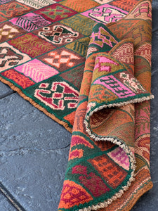 3x10 (90x305) Handmade Vintage Baluch Afghan Runner Rug | Pine Green Chocolate Brown Rose Pink Blush Pink Charcoal Grey Burnt Orange Red