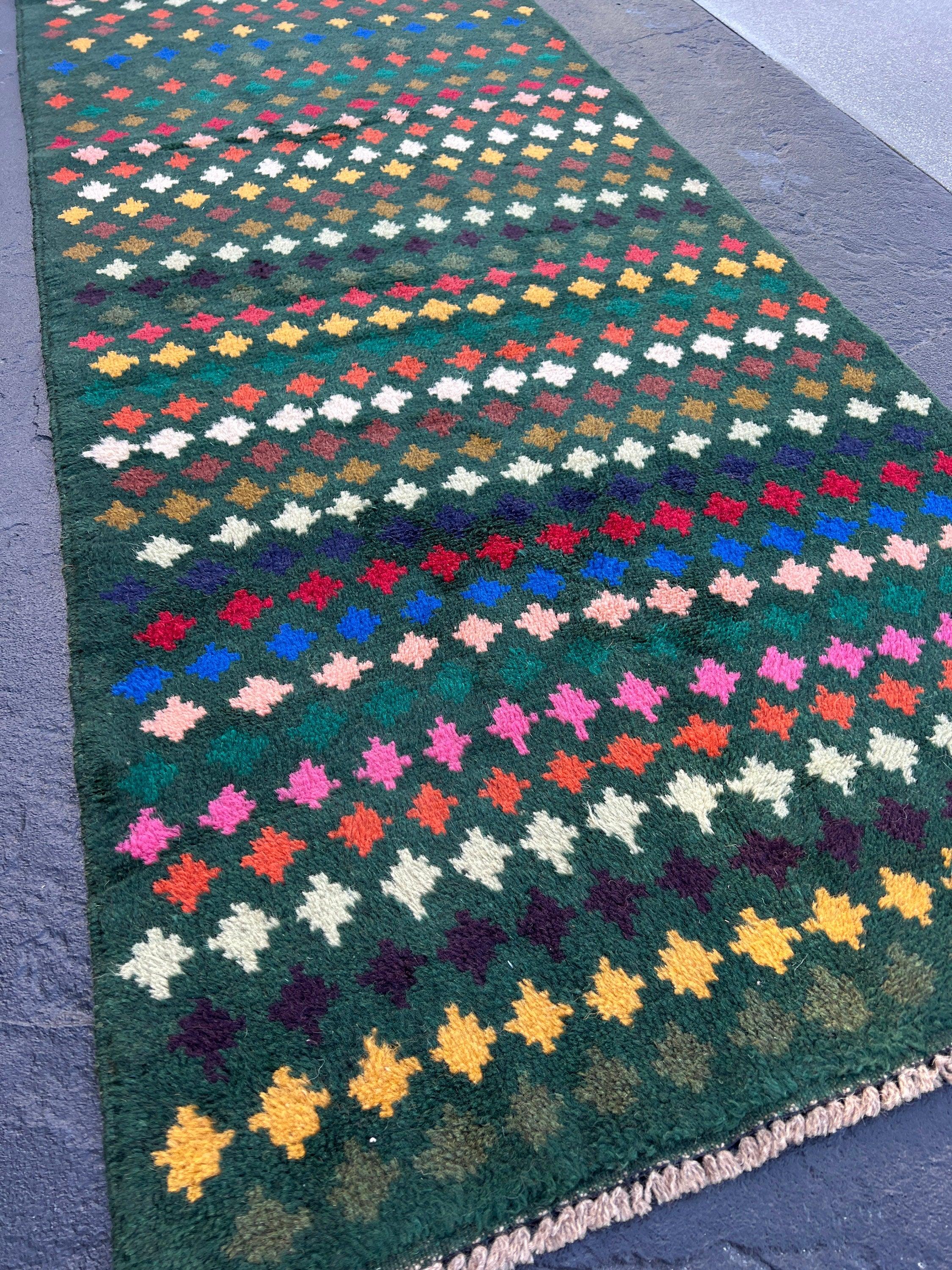 3x10 (90x305) Handmade Vintage Baluch Afghan Runner Rug | Pine Green Rose Pink Chocolate Brown Blush Pink Turquoise Blue Teal Ivory Turkish