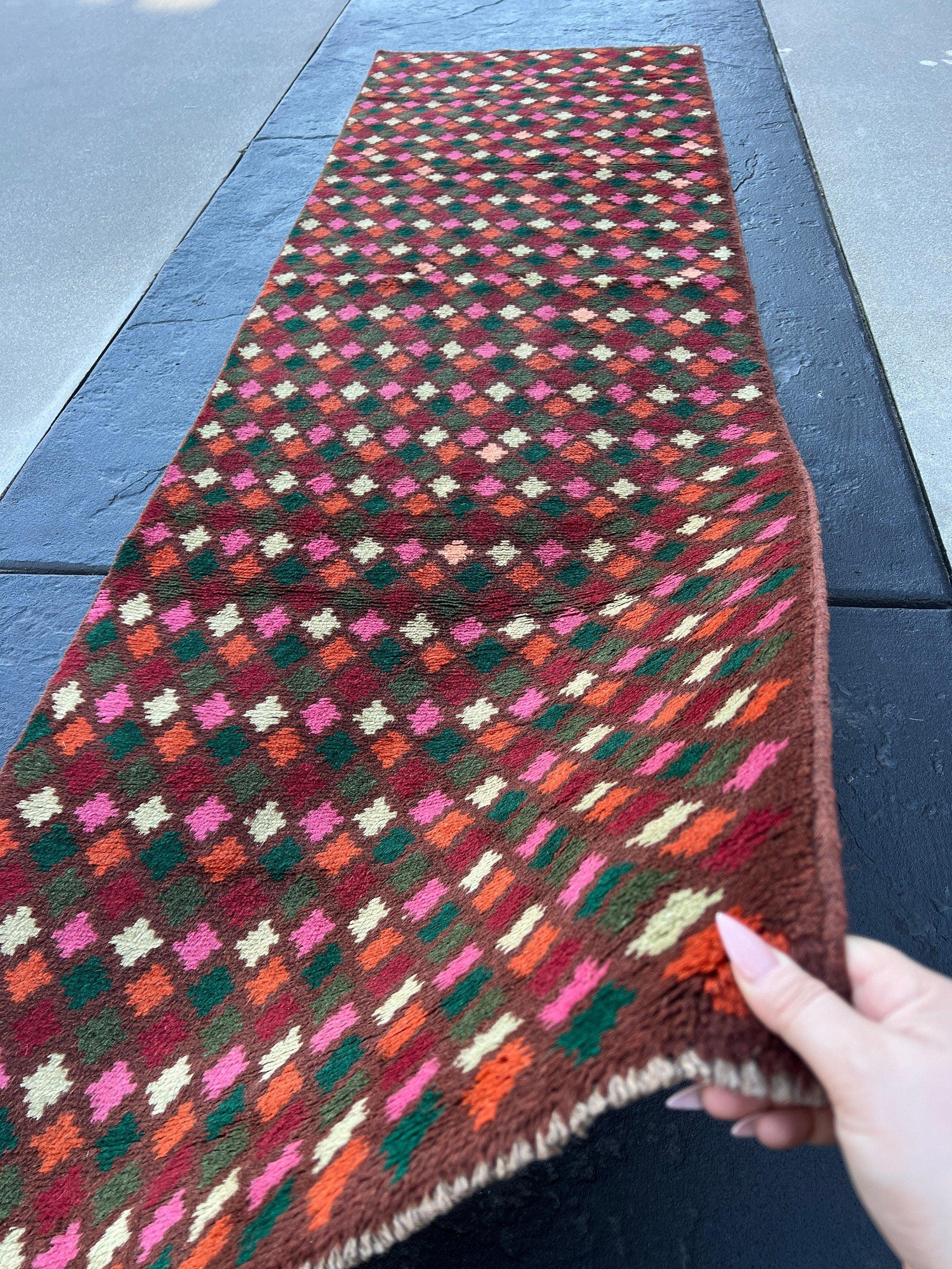 3x10 (90x305) Handmade Vintage Baluch Afghan Runner Rug | Eggplant Purple Pine Green Ivory Rose Pink Moss Green Red Burnt Orange Blush Pink