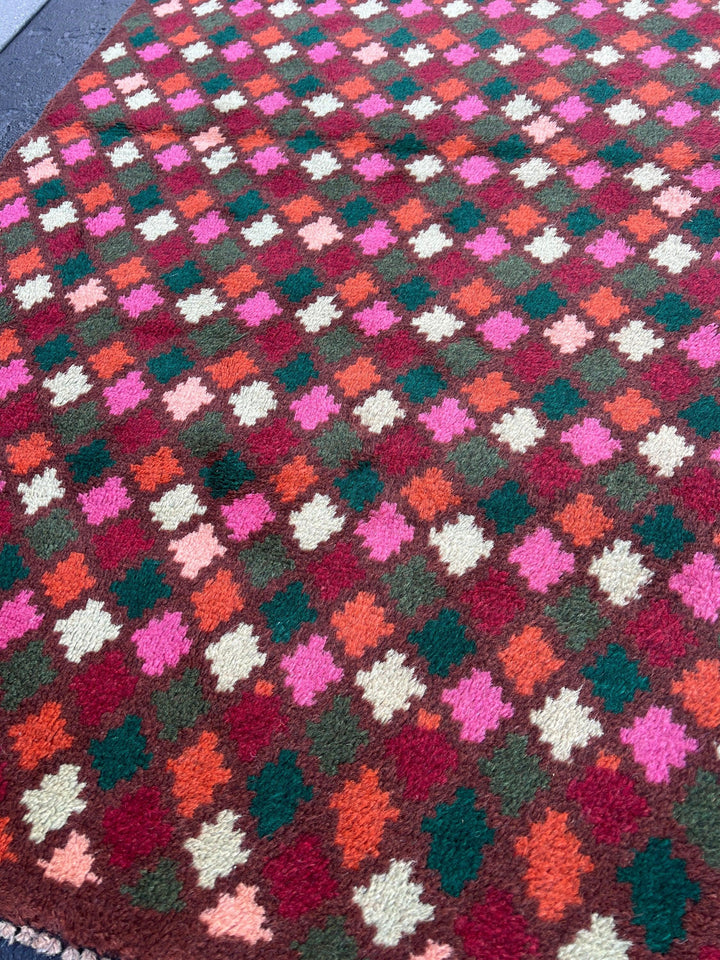 3x10 (90x305) Handmade Vintage Baluch Afghan Runner Rug | Eggplant Purple Pine Green Ivory Rose Pink Moss Green Red Burnt Orange Blush Pink