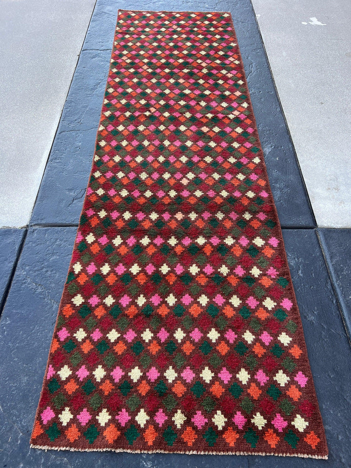 3x10 (90x305) Handmade Vintage Baluch Afghan Runner Rug | Eggplant Purple Pine Green Ivory Rose Pink Moss Green Red Burnt Orange Blush Pink