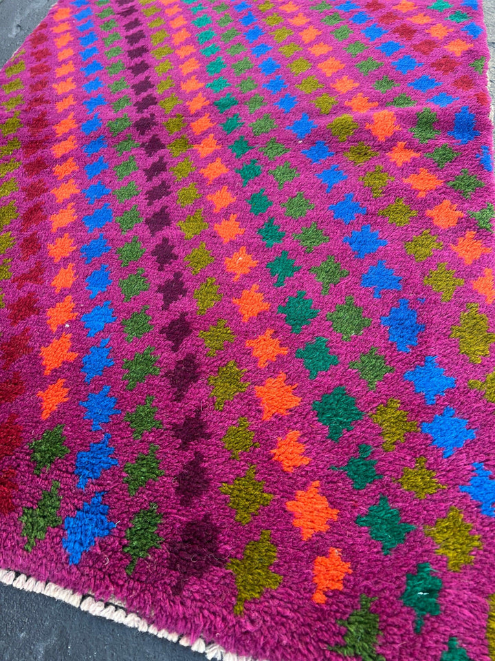 3x10 (90x305) Handmade Vintage Baluch Afghan Runner Rug | Magenta Eggplant Purple Coral Orange Pine Green Teal Blue Blood Red | Geometric