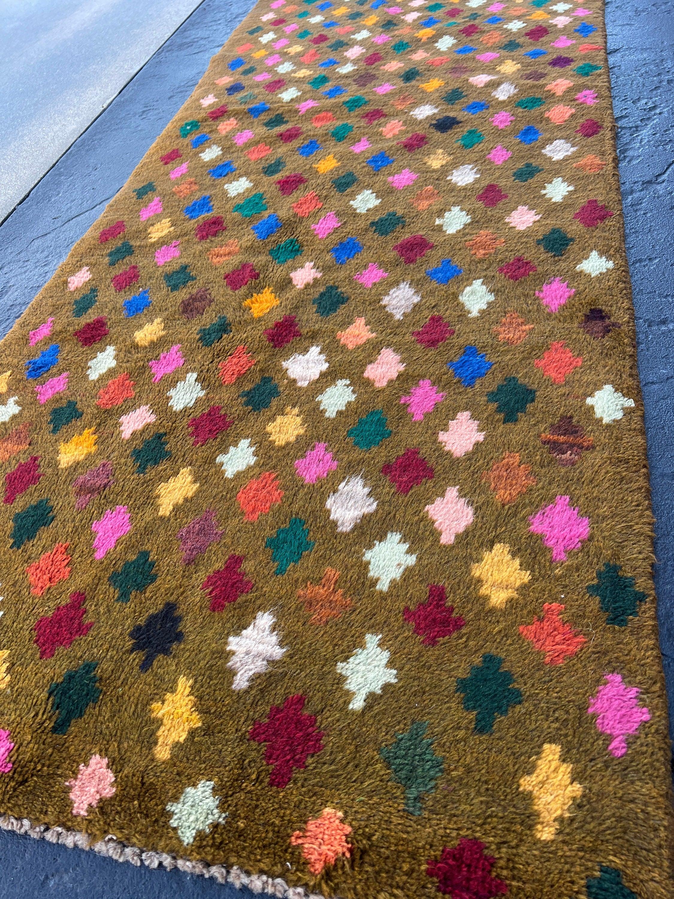 3x10 (90x305) Handmade Vintage Baluch Afghan Runner Rug Moss Green Purple Coral Orange Blood Red Pine Green Teal Blue Ivory | Geometric Wool