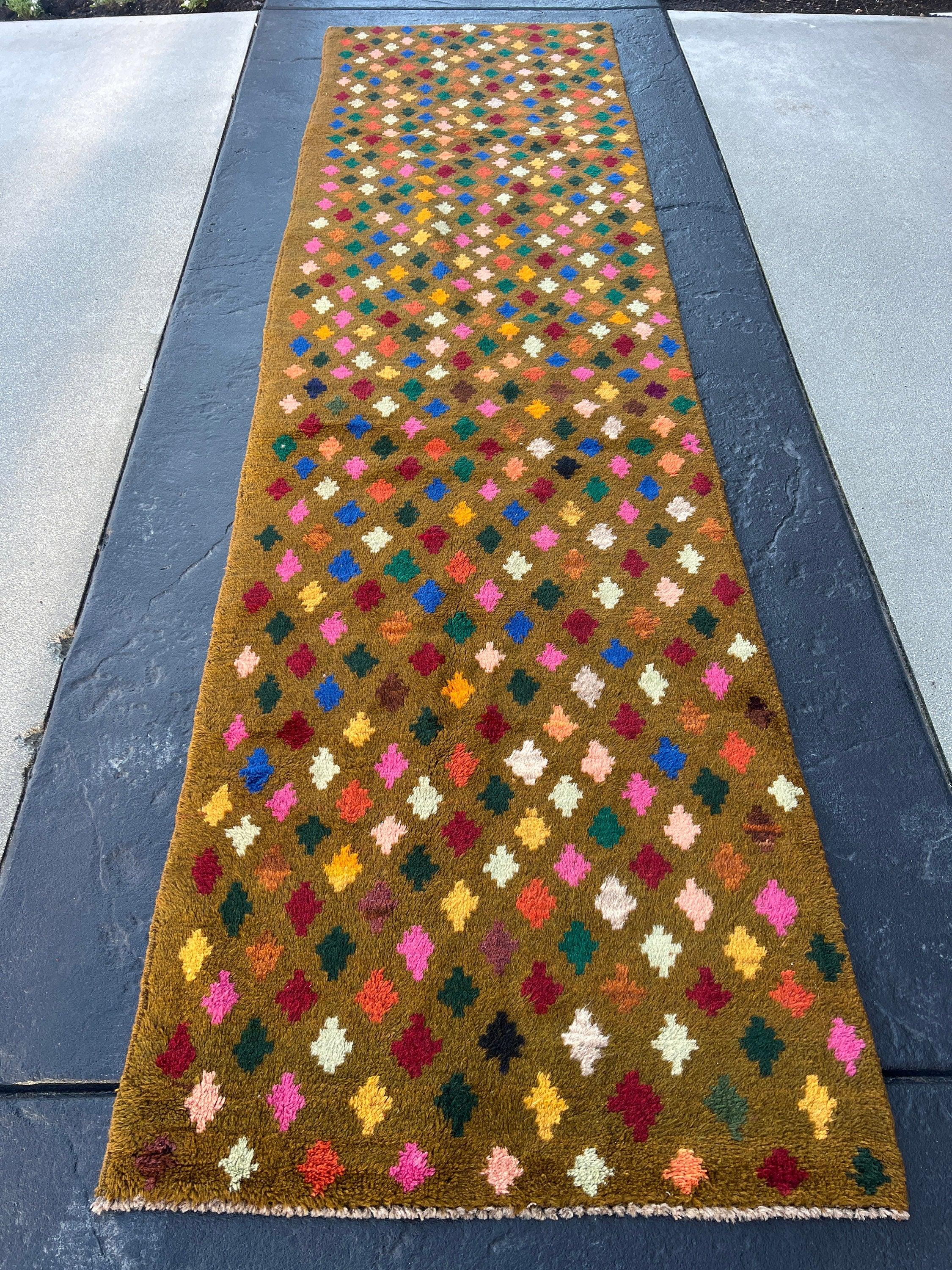 3x10 (90x305) Handmade Vintage Baluch Afghan Runner Rug Moss Green Purple Coral Orange Blood Red Pine Green Teal Blue Ivory | Geometric Wool