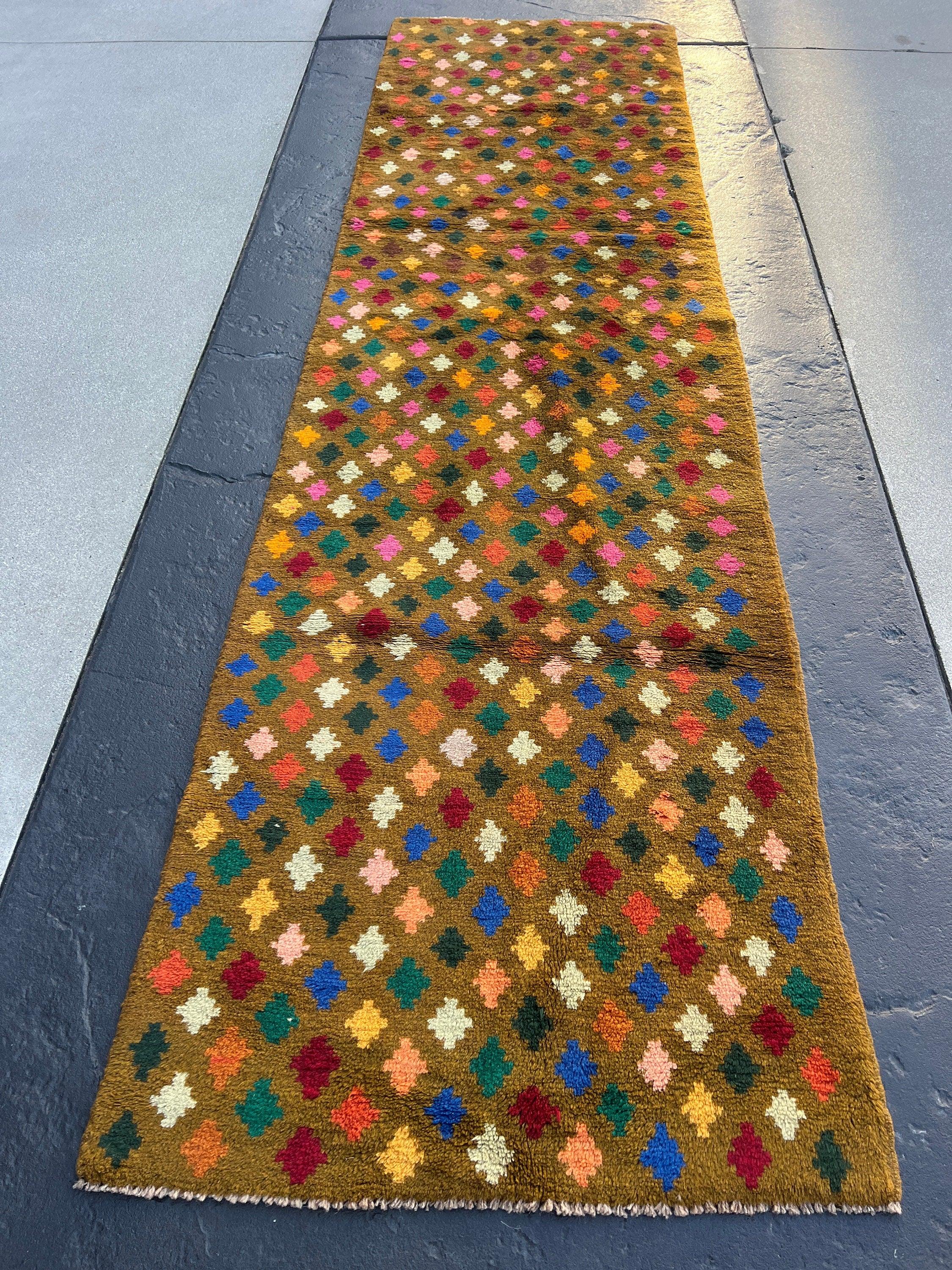 3x10 (90x305) Handmade Vintage Baluch Afghan Runner Rug Moss Green Purple Coral Orange Blood Red Pine Green Teal Blue Ivory | Geometric Wool