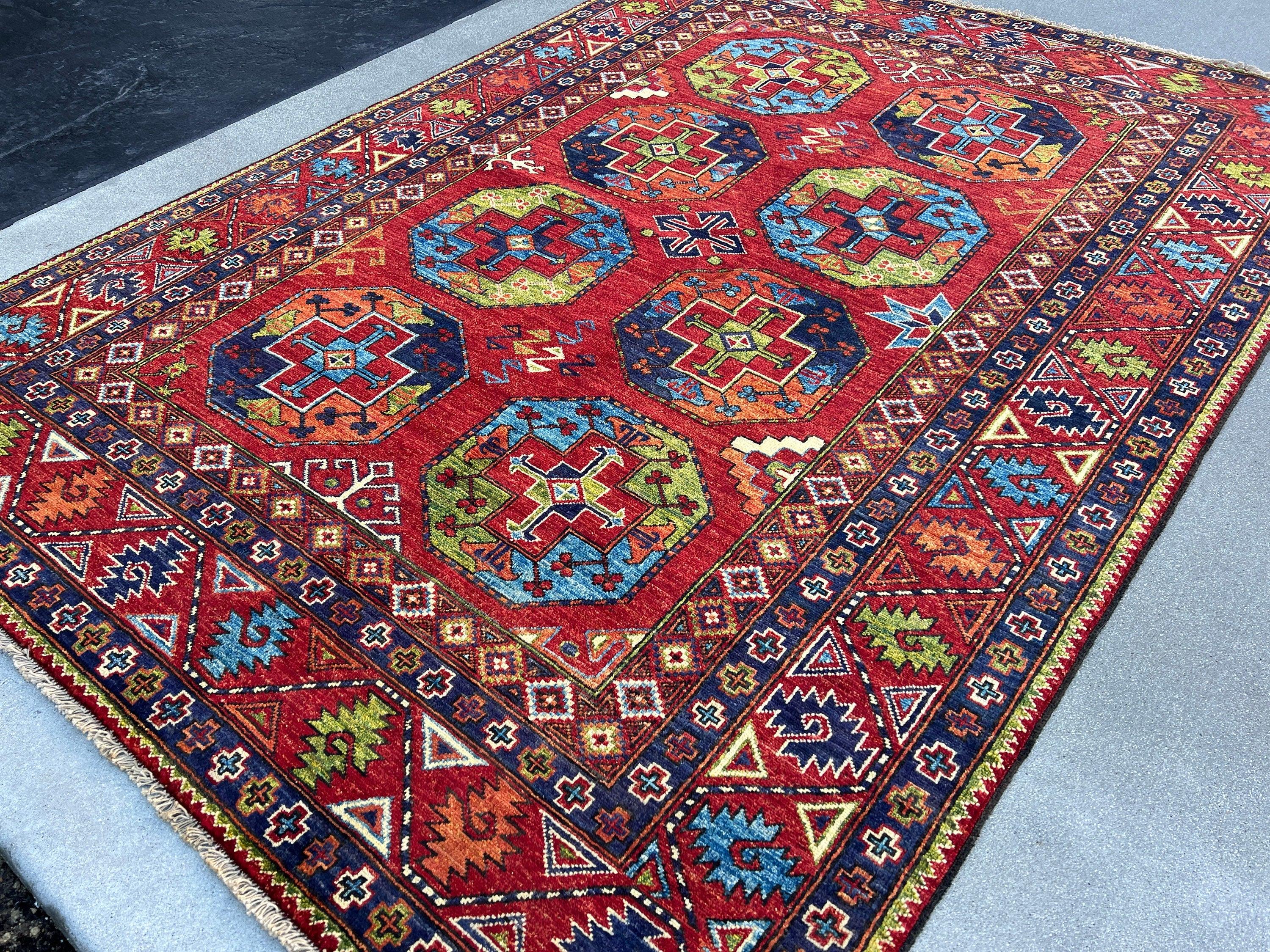 6x8 (180x245) Fair Trade Handmade Afghan Rug | Brick Red Sky Blue Black Midnight Blue Ivory Cream Beige Burnt Orange Mint Green Floral Wool