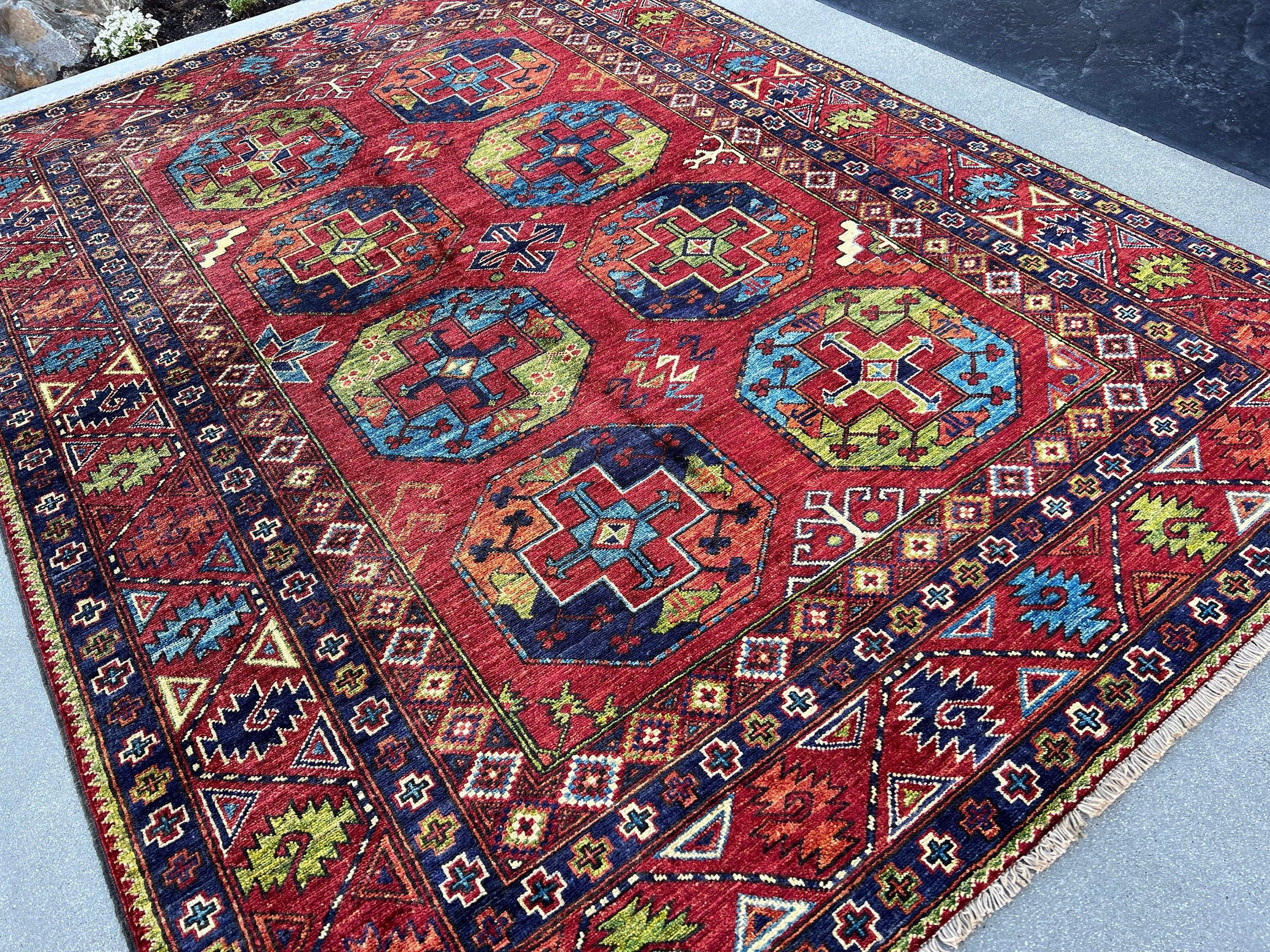 6x8 (180x245) Fair Trade Handmade Afghan Rug | Brick Red Sky Blue Black Midnight Blue Ivory Cream Beige Burnt Orange Mint Green Floral Wool