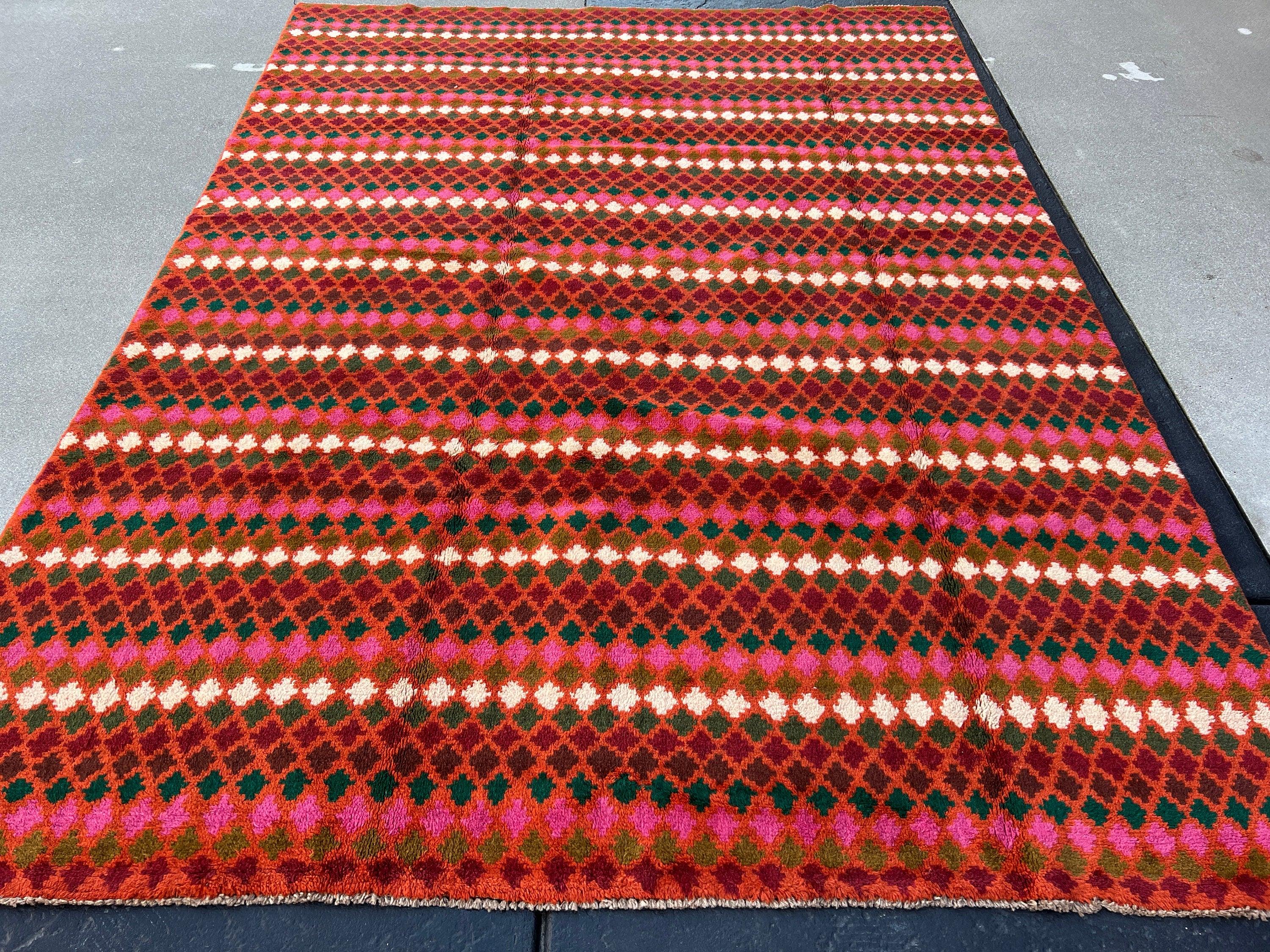 7x10 (215x305) Handmade Vintage Baluch Afghan Rug | Burnt Orange Pine Green Cream Beige Olive Green Rose Pink Blood Red | Geometric Wool