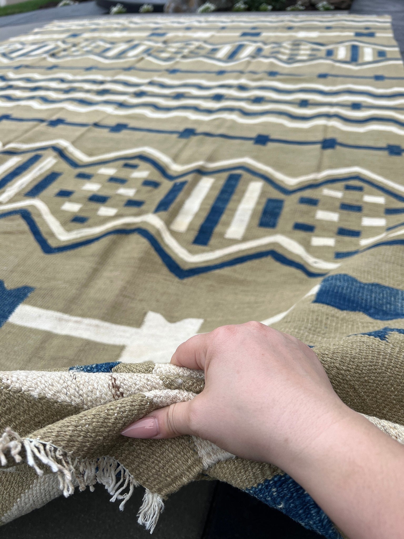10x14 (305x425) Handmade Afghan Kilim Rug | Sage Green Teal Cream Ivory | Geometric Hand Knotted Persian Turkish Wool Oriental Bohemian Wool