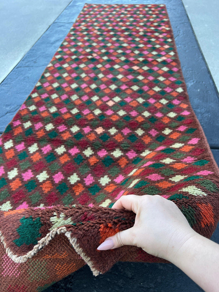 3x10 (90x305) Handmade Vintage Baluch Afghan Runner Rug | Eggplant Purple Pine Green Ivory Rose Pink Moss Green Red Burnt Orange Blush Pink