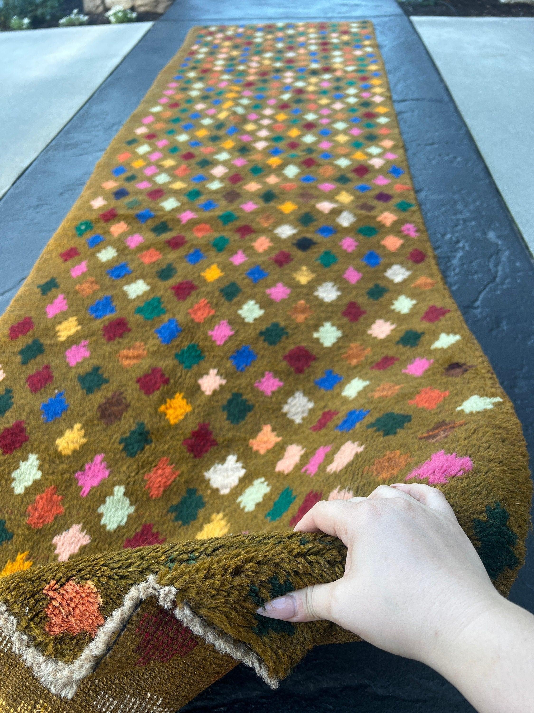 3x10 (90x305) Handmade Vintage Baluch Afghan Runner Rug Moss Green Purple Coral Orange Blood Red Pine Green Teal Blue Ivory | Geometric Wool