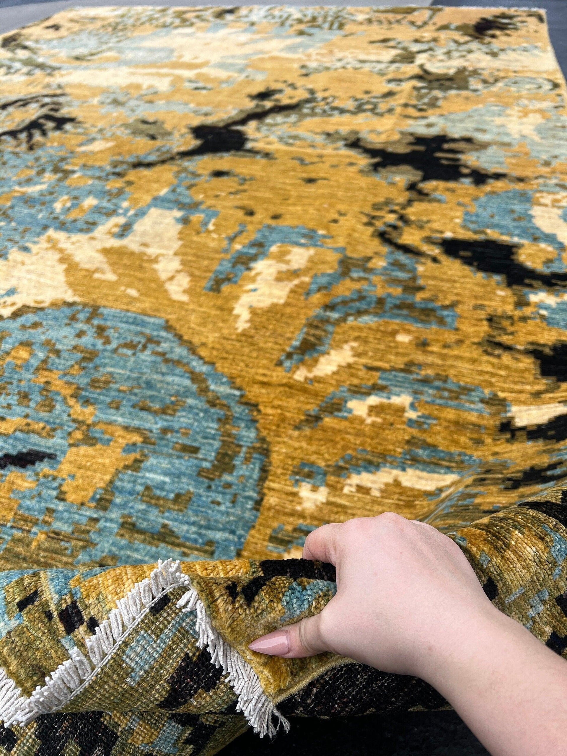 10x13 (305x365) Fair Trade Handmade Afghan Rug | Gold Mustard Yellow Teal Black Moss Green Prussian Blue Chocolate Cream Beige Knotted Wool