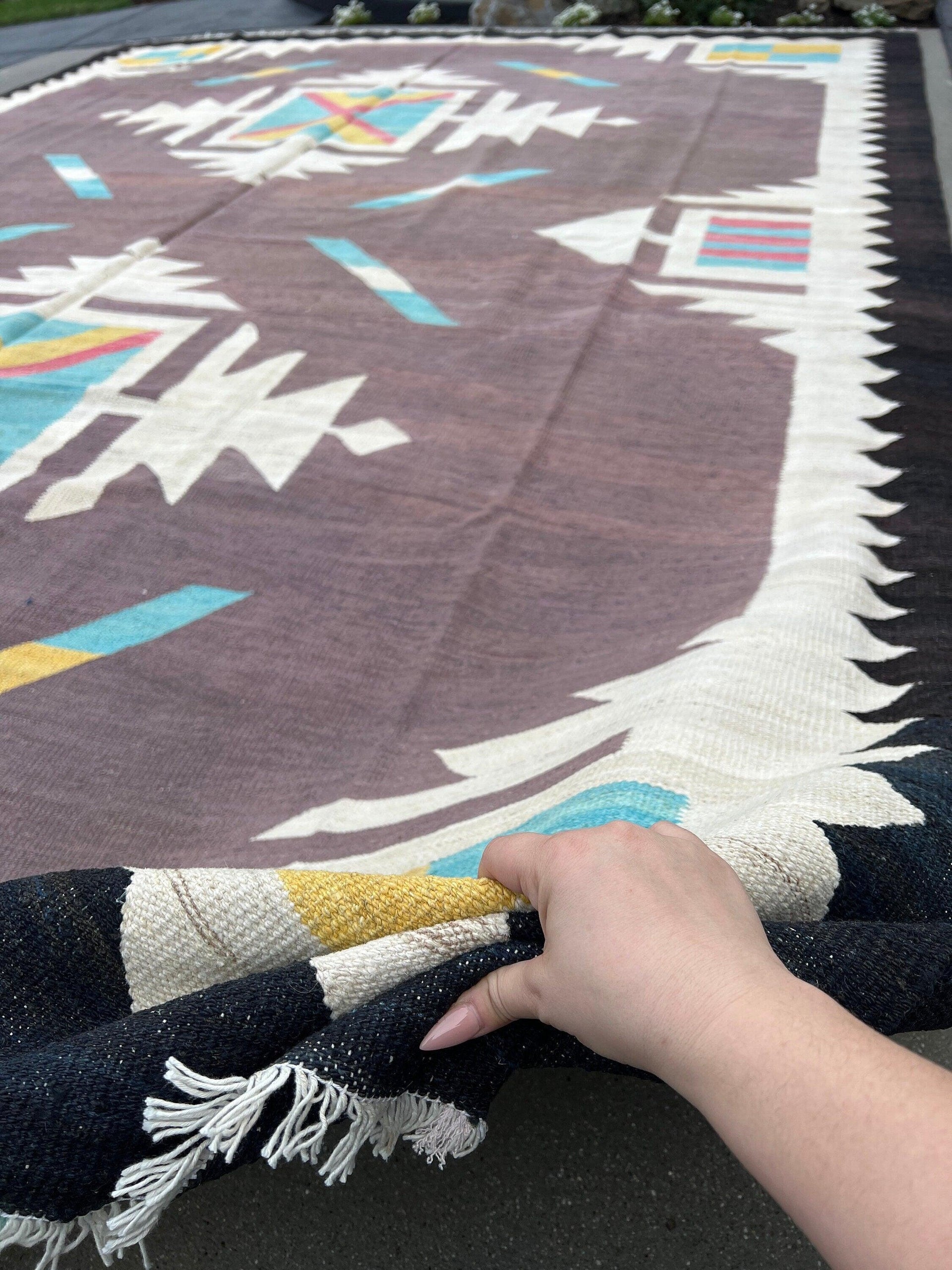 10x14 (305x425) Handmade Afghan Kilim Rug | Eggplant Purple Ivory Grey Sky Blue Mustard Yellow Salmon Pink Black Geometric Knotted Oriental