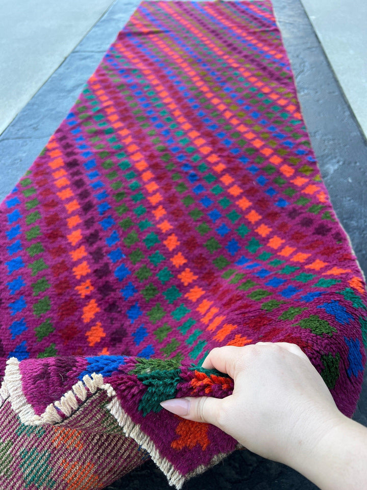 3x10 (90x305) Handmade Vintage Baluch Afghan Runner Rug | Magenta Eggplant Purple Coral Orange Pine Green Teal Blue Blood Red | Geometric