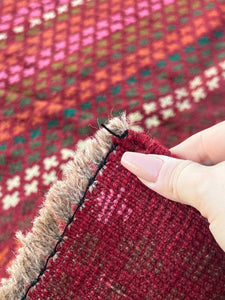 7x10 (215x305) Handmade Vintage Baluch Afghan Rug | Burgundy Red Pine Green Burnt Orange Chocolate Cream Beige Olive Green Blush Pink | Wool
