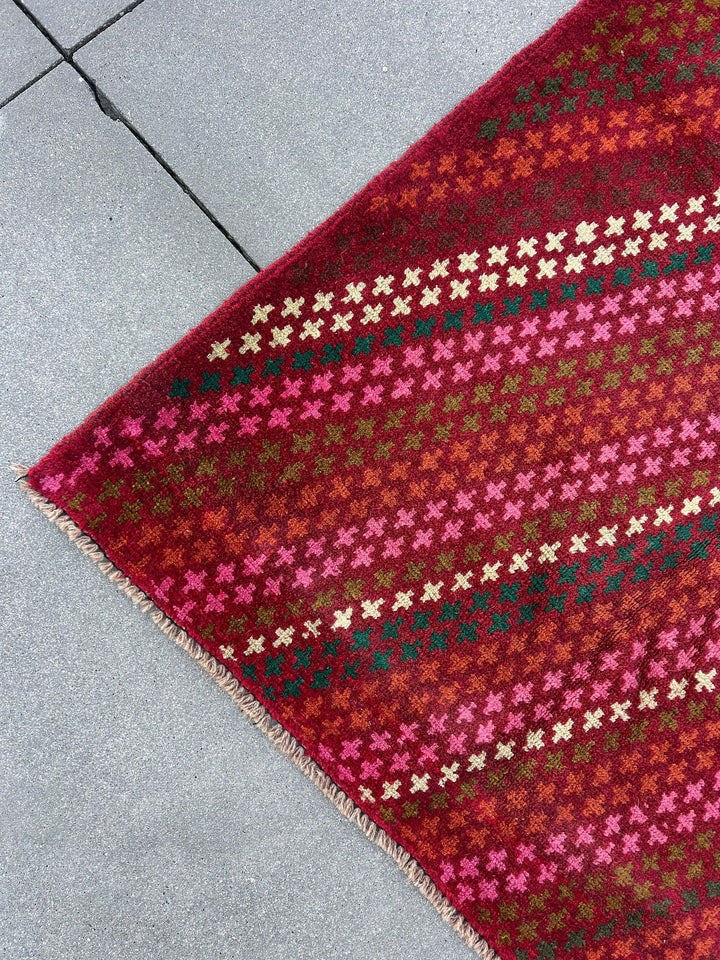 7x10 (215x305) Handmade Vintage Baluch Afghan Rug | Burgundy Red Pine Green Burnt Orange Chocolate Cream Beige Olive Green Blush Pink | Wool